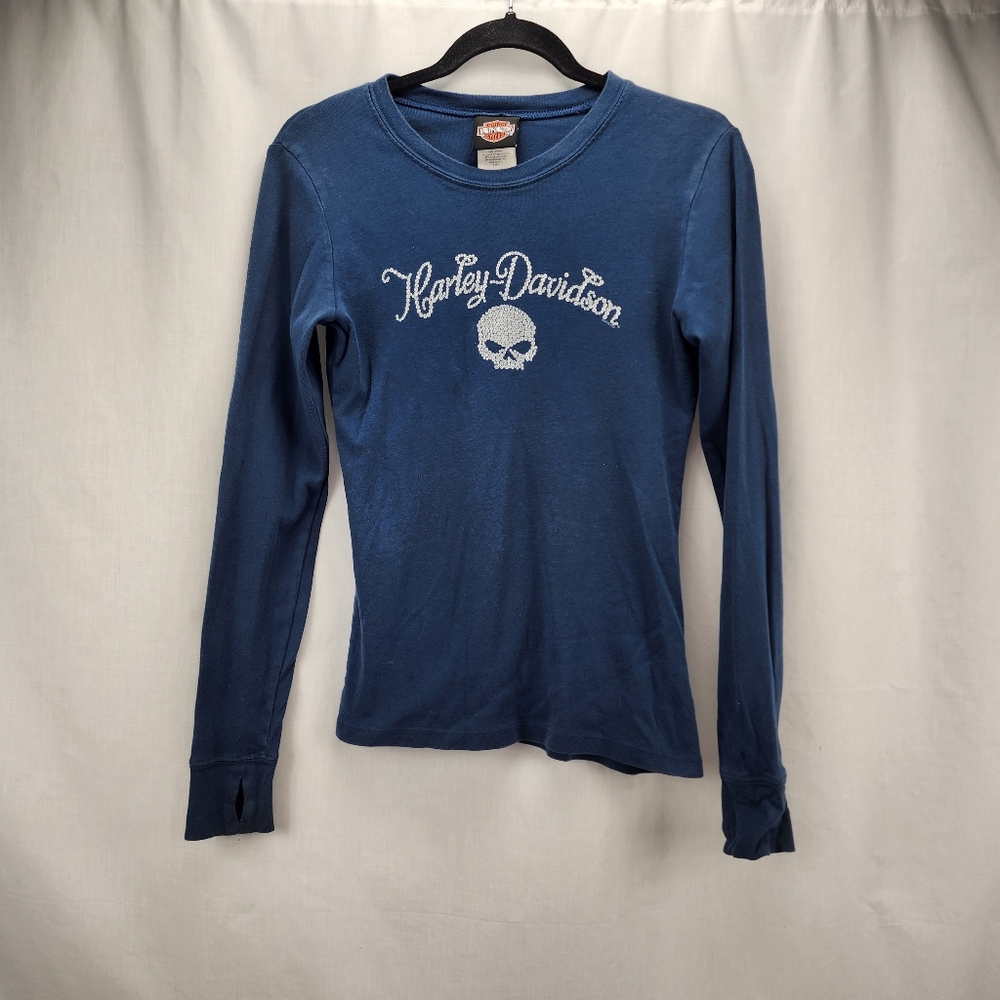Harley-Davidson Long Sleeve Blue Tshirt Top. Skull Design Women's Size Medium